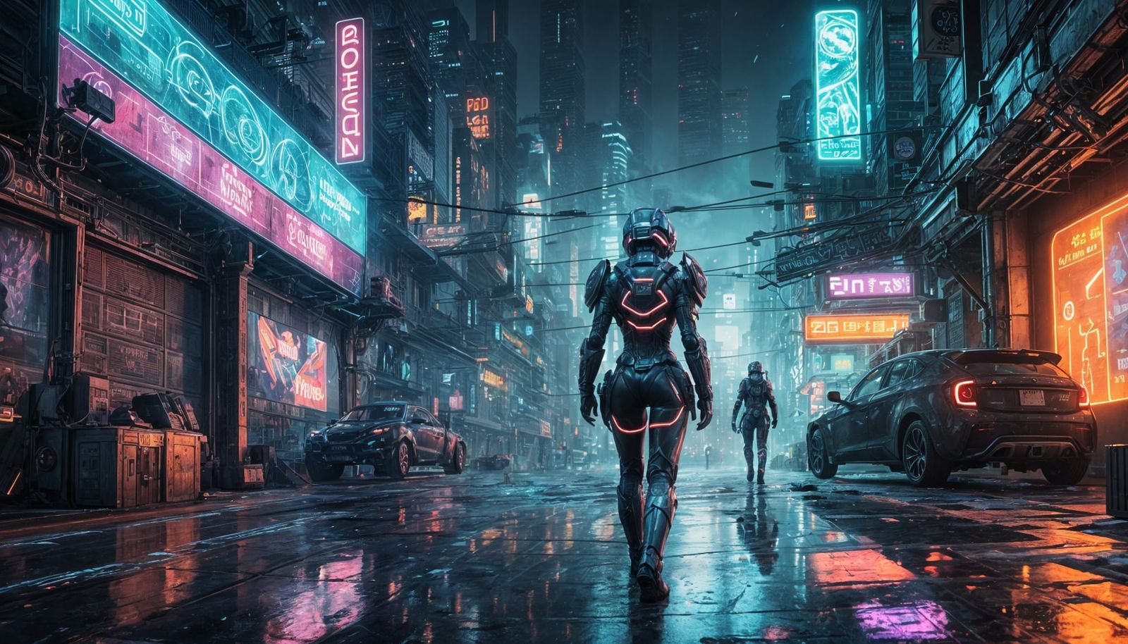 Futuristic Cityscape at Night, Illuminated by Neon and Holog...