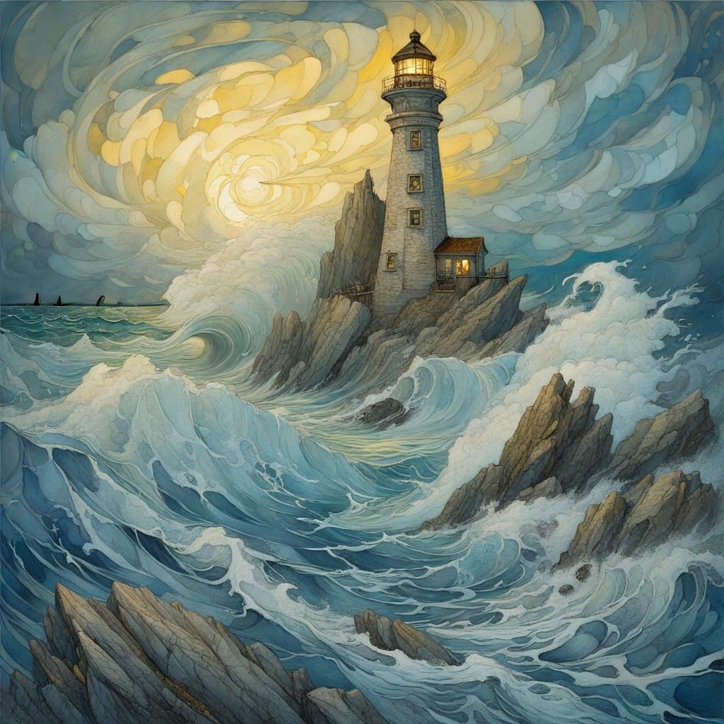 Hyperdetailed Lighthouse in Ominous Twilight Storm