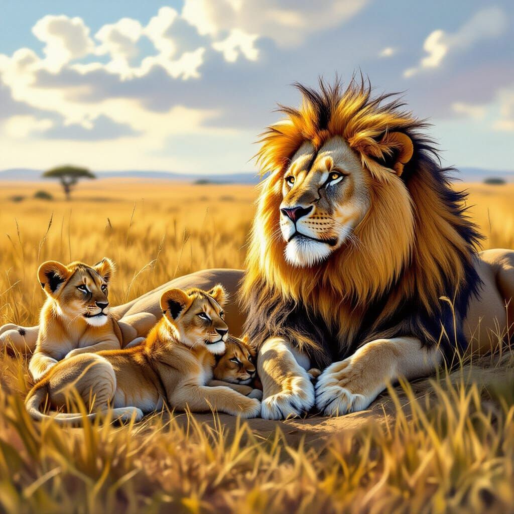 Lion Pride Resting on the Savannah, Photorealistic Style