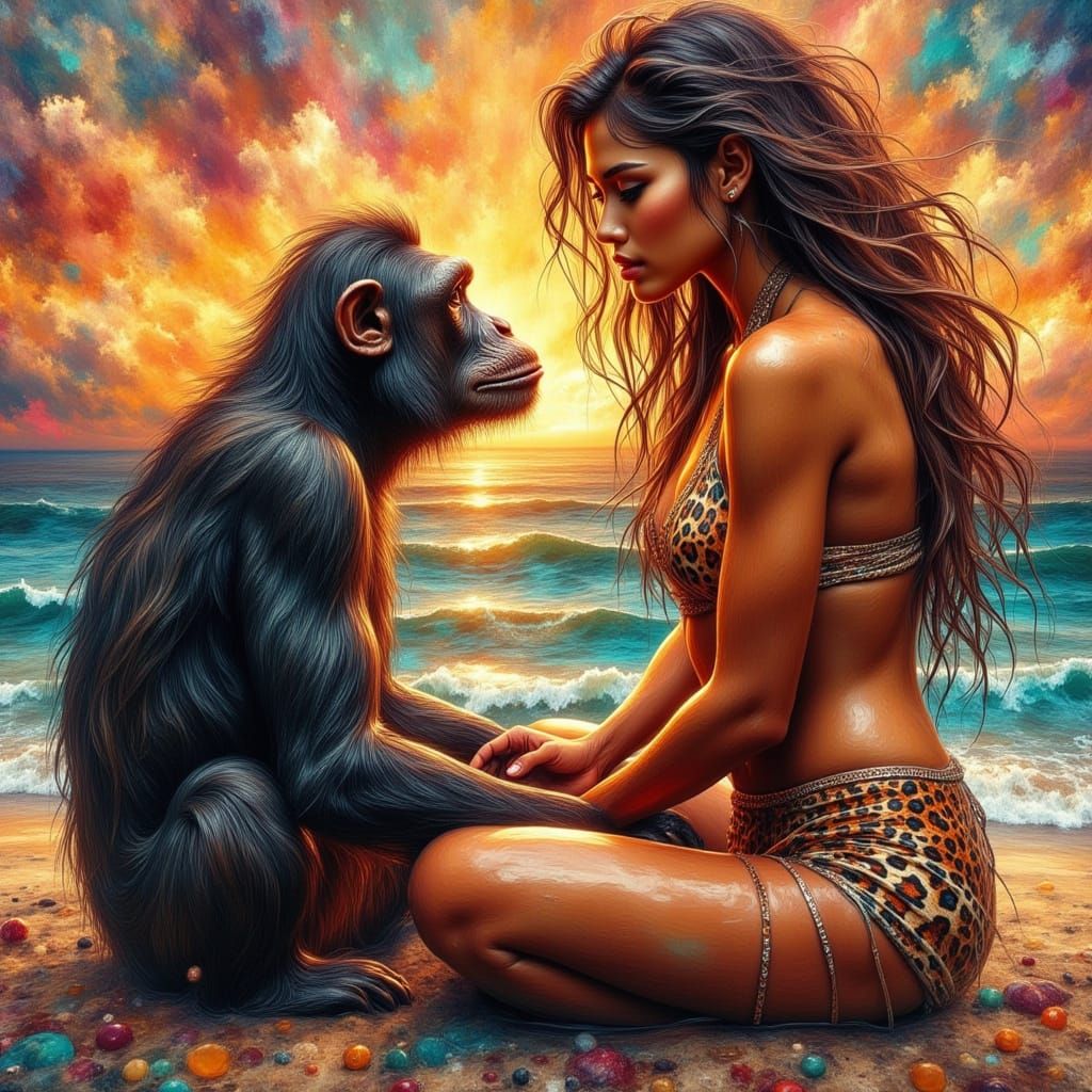 Jane and Chimp Chatting by the Sea at Sunset, Surreal Style