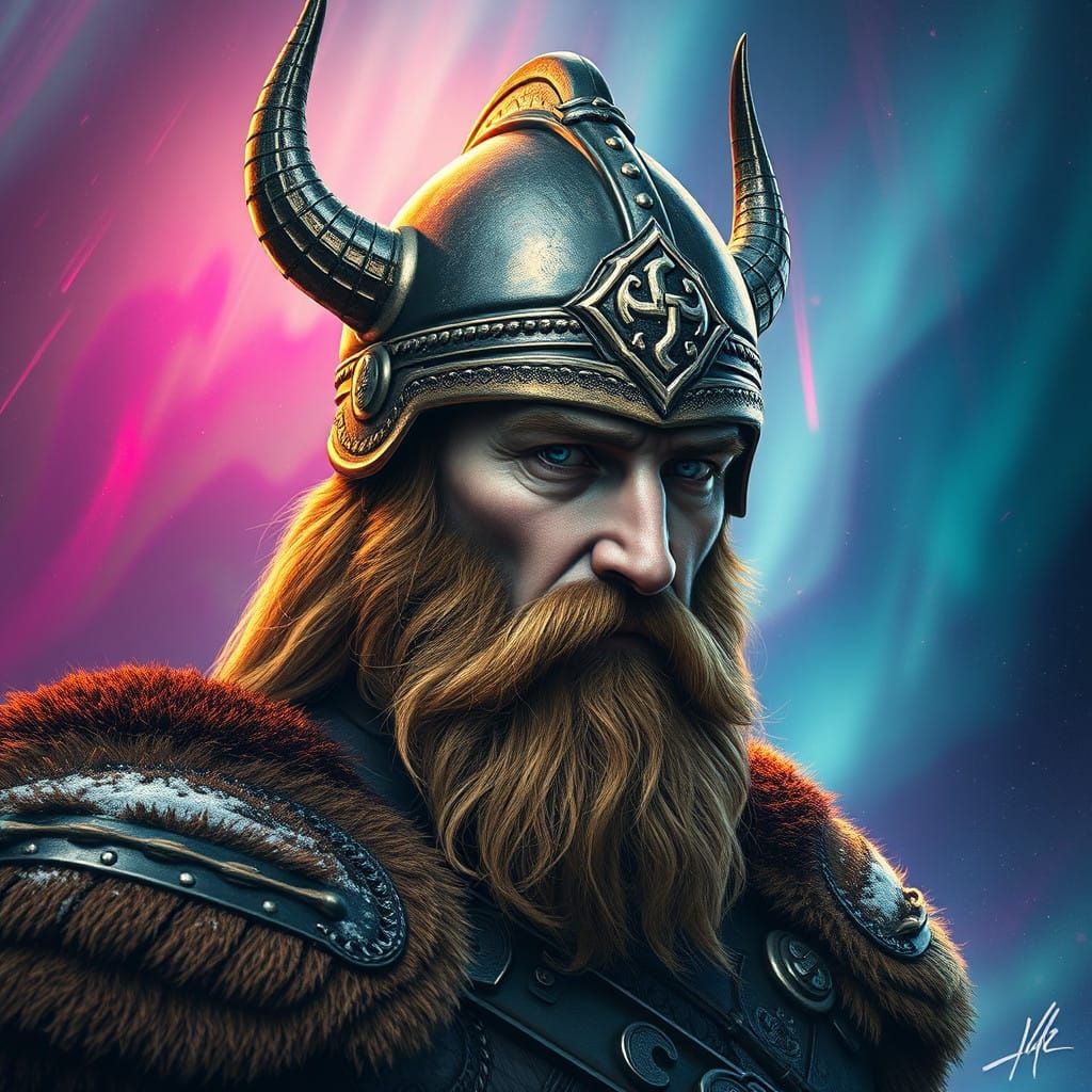 Viking Warrior in Swirling Aurora