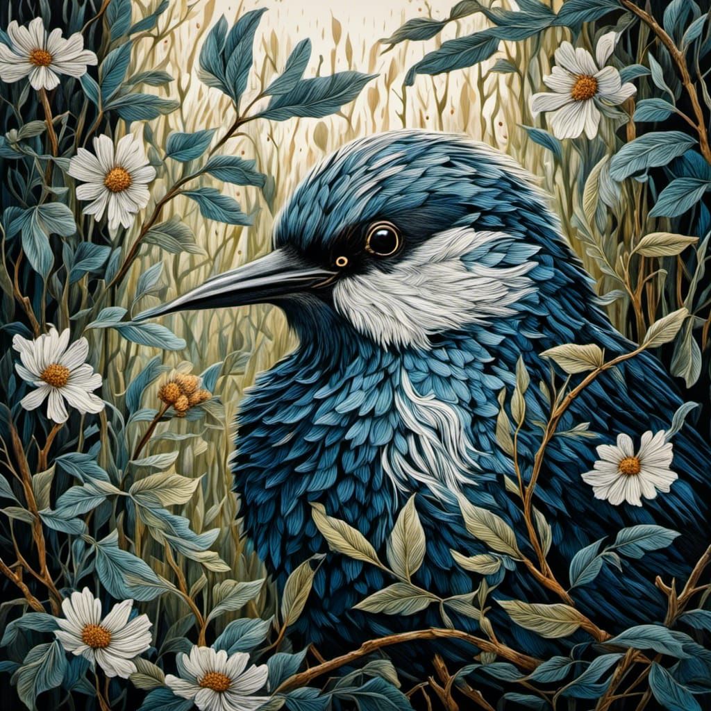 Intricate Wood Engraving of a Cute Bird