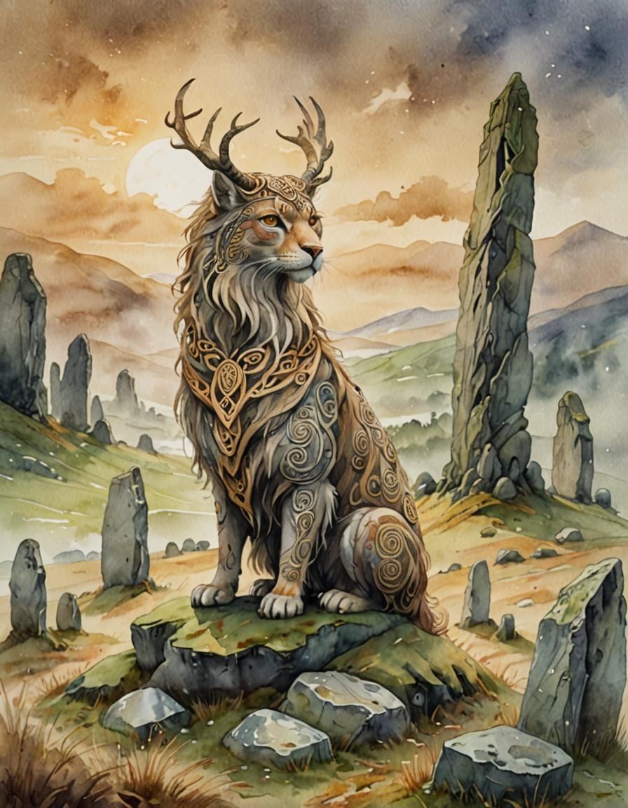 Cù Sìth in Celtic Watercolor Landscape