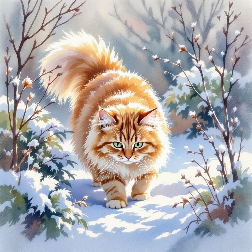 Watercolor Cat in Frosty Garden with Soft Hues