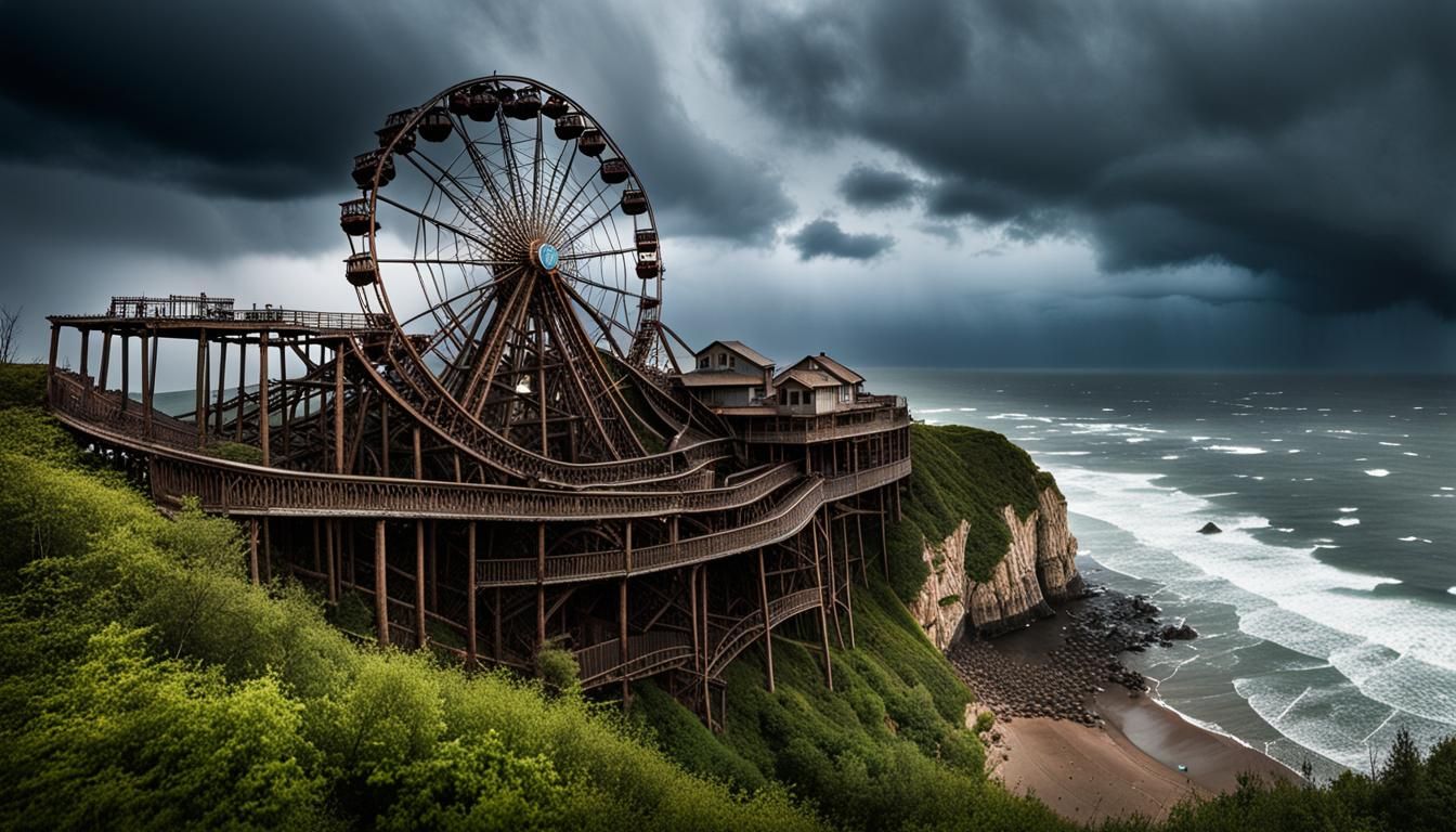 Mystical Abandoned Amusement Park on Stormy Cliffside
