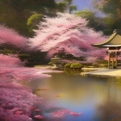 Japanese Garden with Cherry Blossoms Watercolor Art