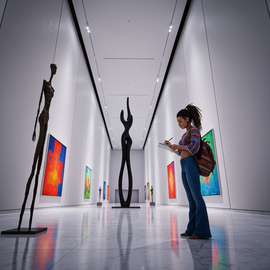 Modern Art Gallery With Abstract Sculpture and Visitor