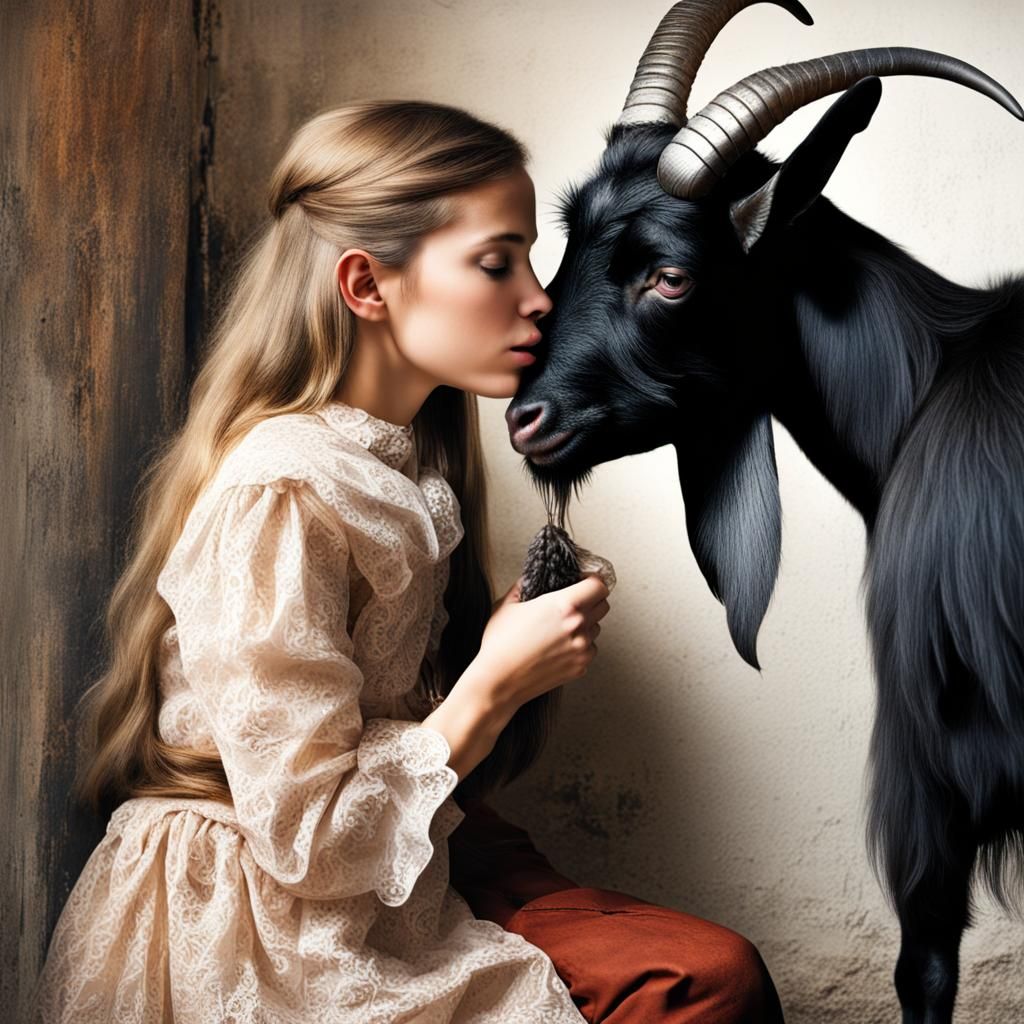 Girl's Affectionate Kiss with Black Goat