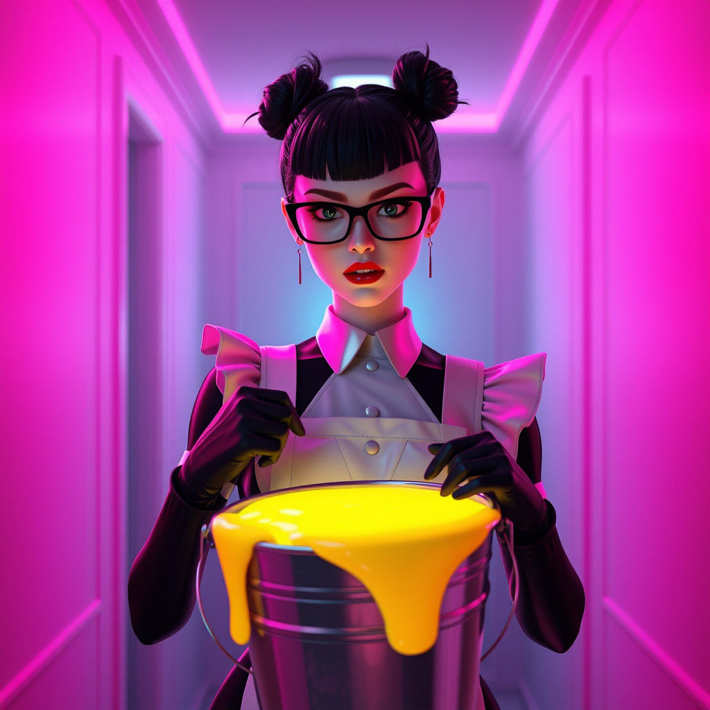 Cyberpunk Maid with Yellow Slime in Neon Shadows