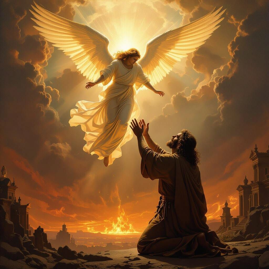 Prophet Lifted by Angel Between Earth and Heaven