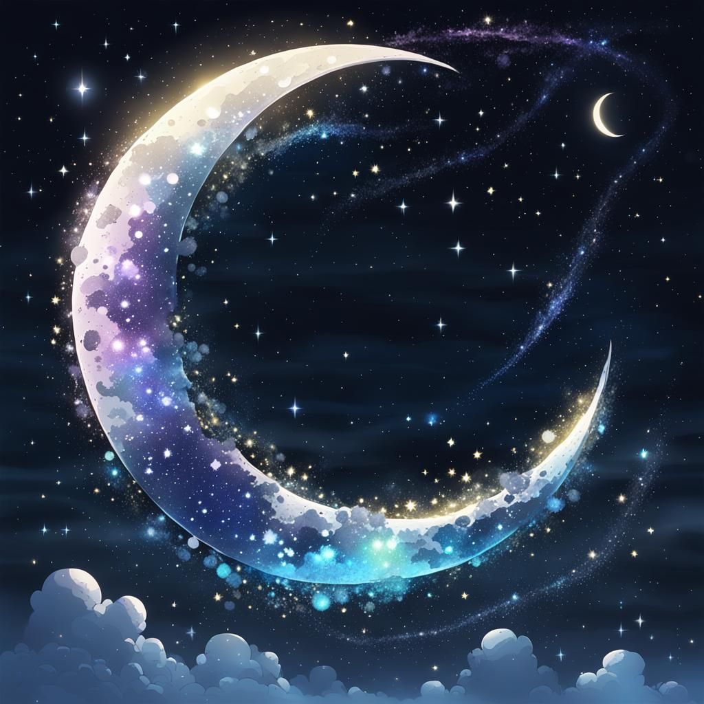 Sparkling Crescent Moon with Stardust in Anime Style