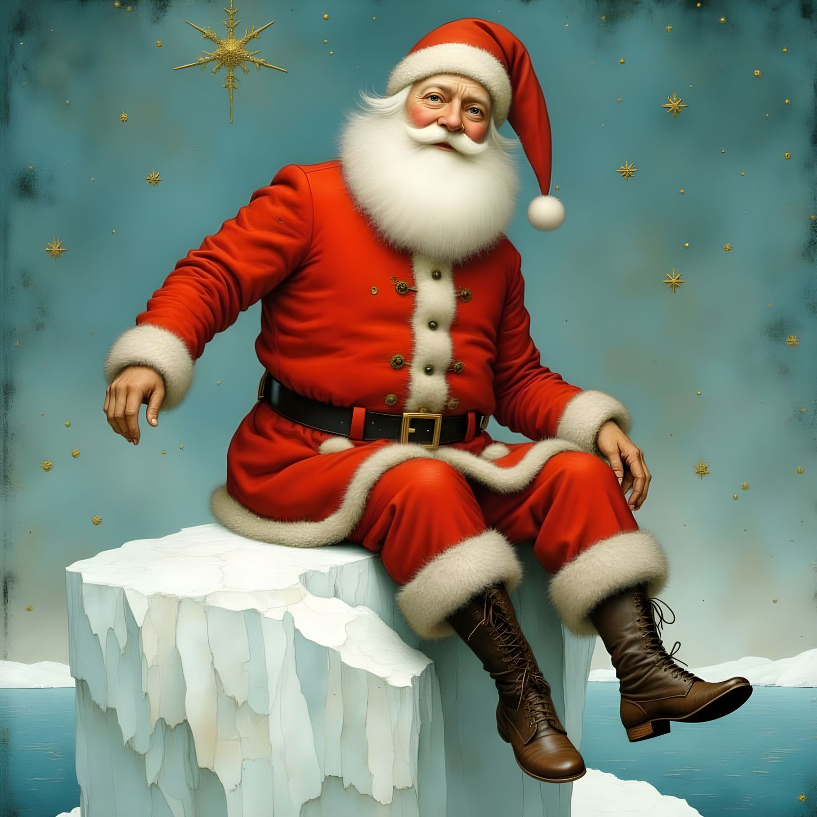 Jolly Santa Sits on Iceberg in Whimsical Style