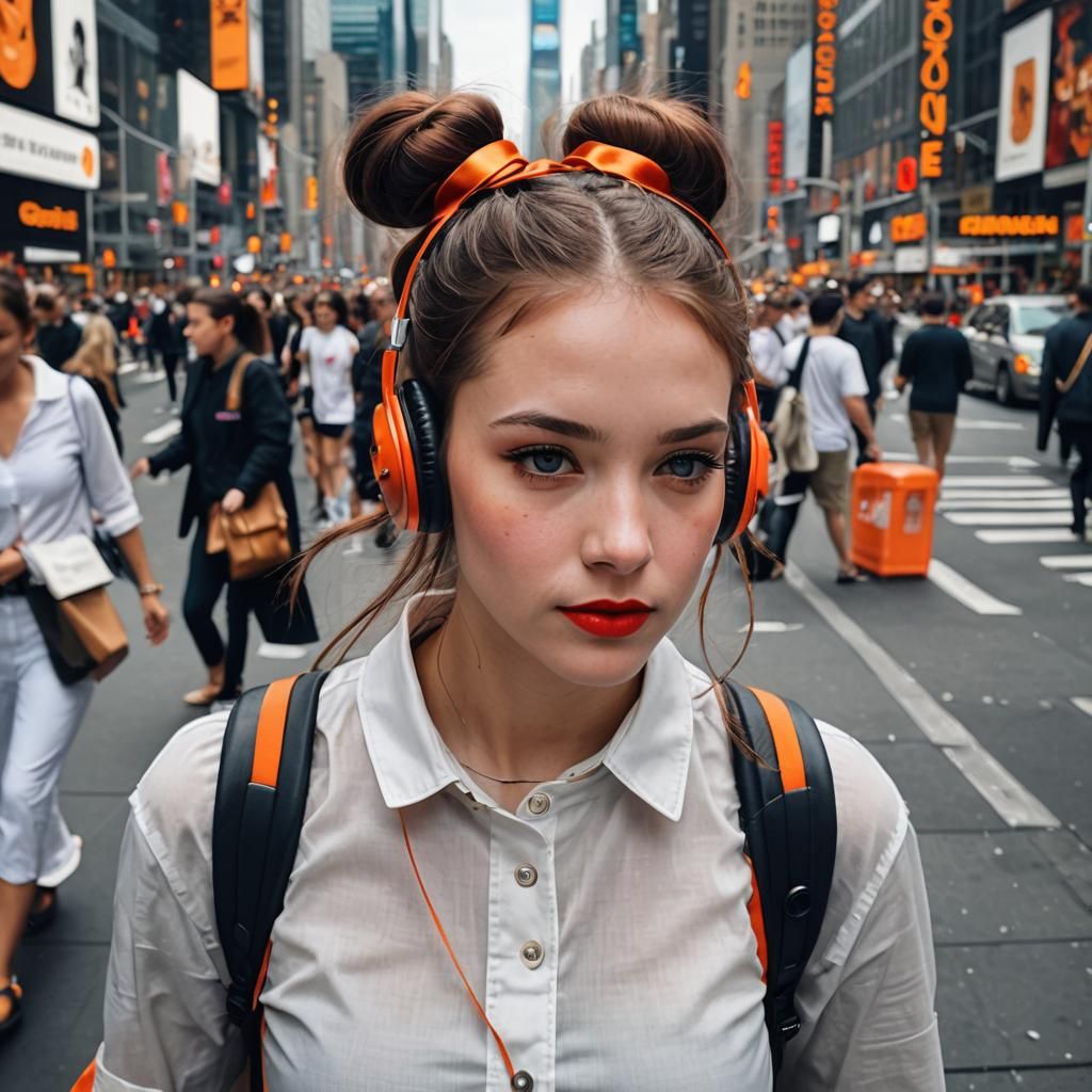 Beautiful woman with two ponytails,orange ribbons on the end...