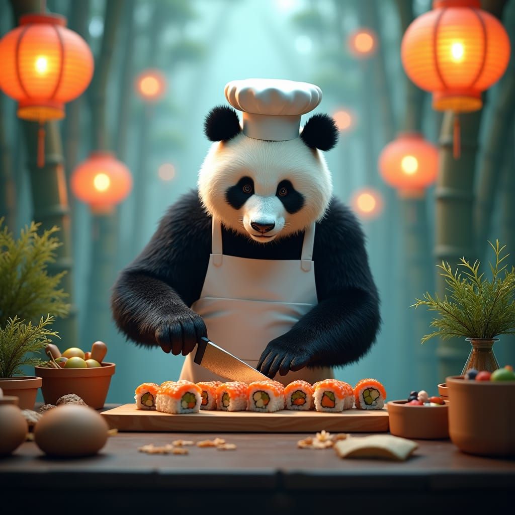 Panda Chef Creates Sushi in Misty Forest