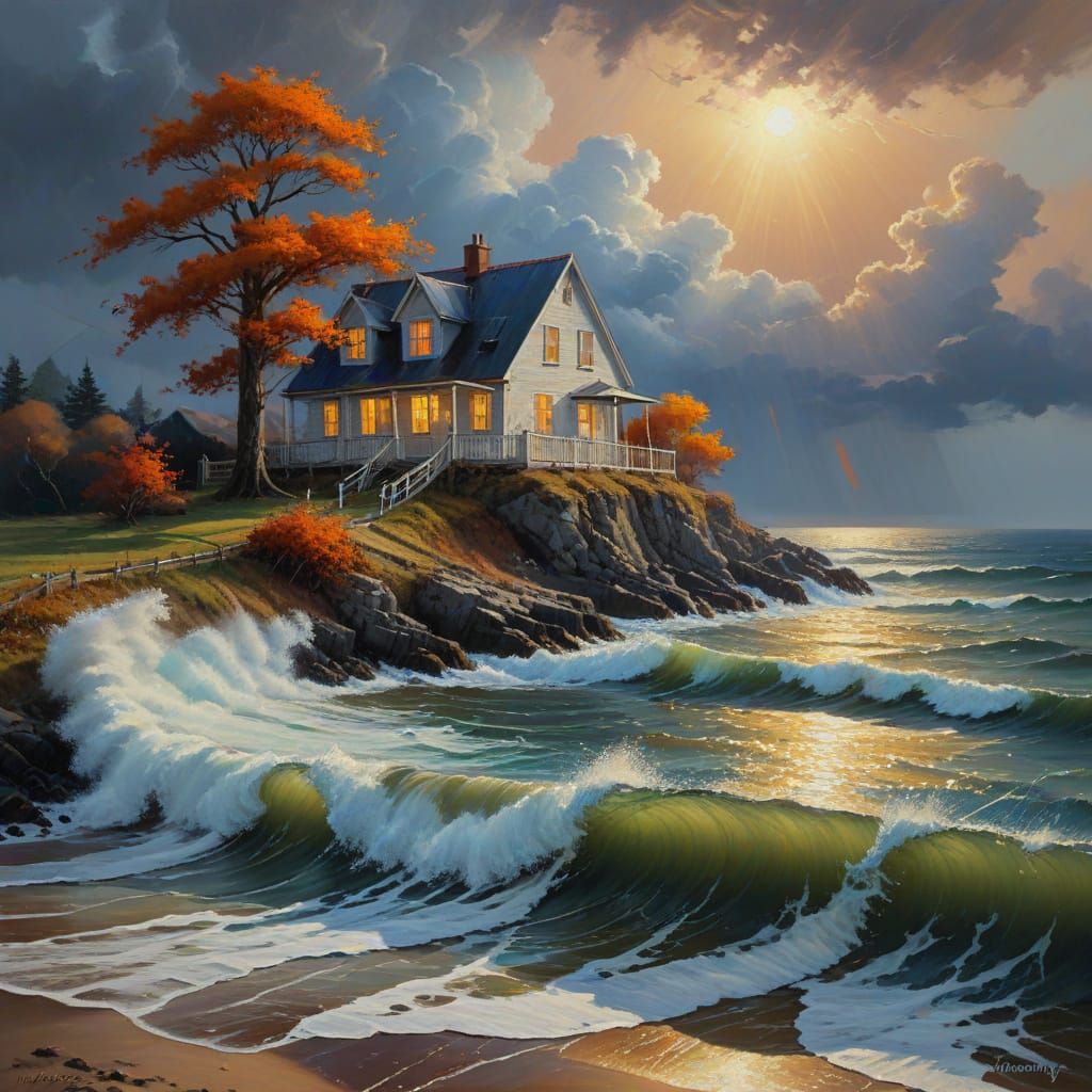 Autumn Stormy Seascape in Vibrant Oil Colors