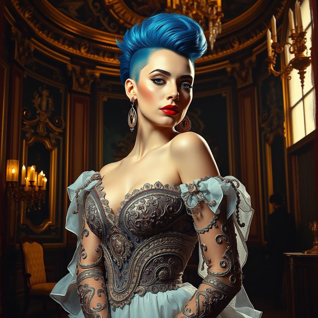 Elegant Woman with Blue Mohawk in Baroque Style