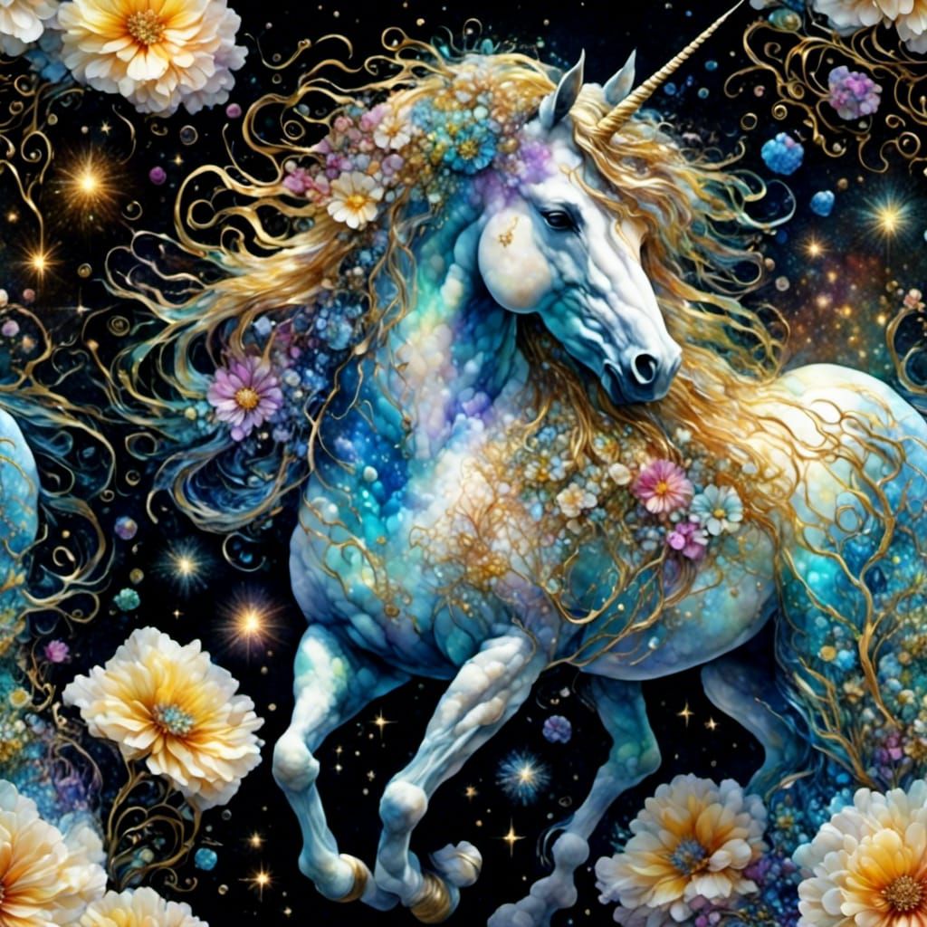 Holographic Unicorn with Flowers in Opalescent Colors