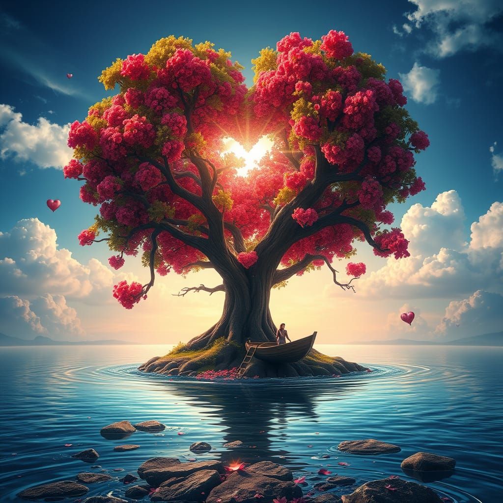 Ethereal Island Oasis: Surreal Love in Fantasy Landscape