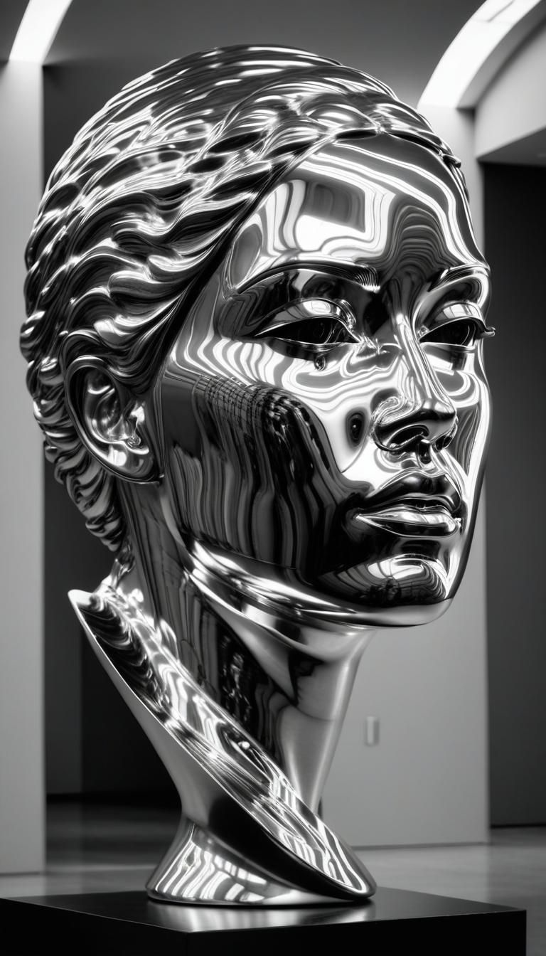 Abstract Silver Sculpture in Art Museum: B&W Photography