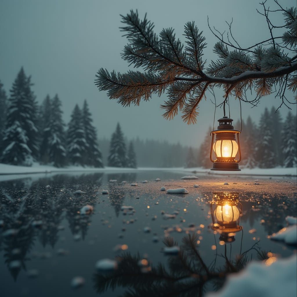 Lantern's Glow on Snowy Mountain Lake