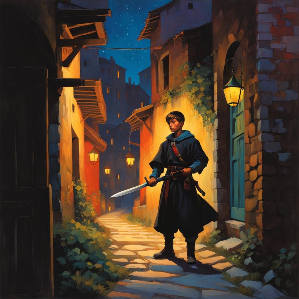 Night Alley Boy with Knife in Wyeth Style