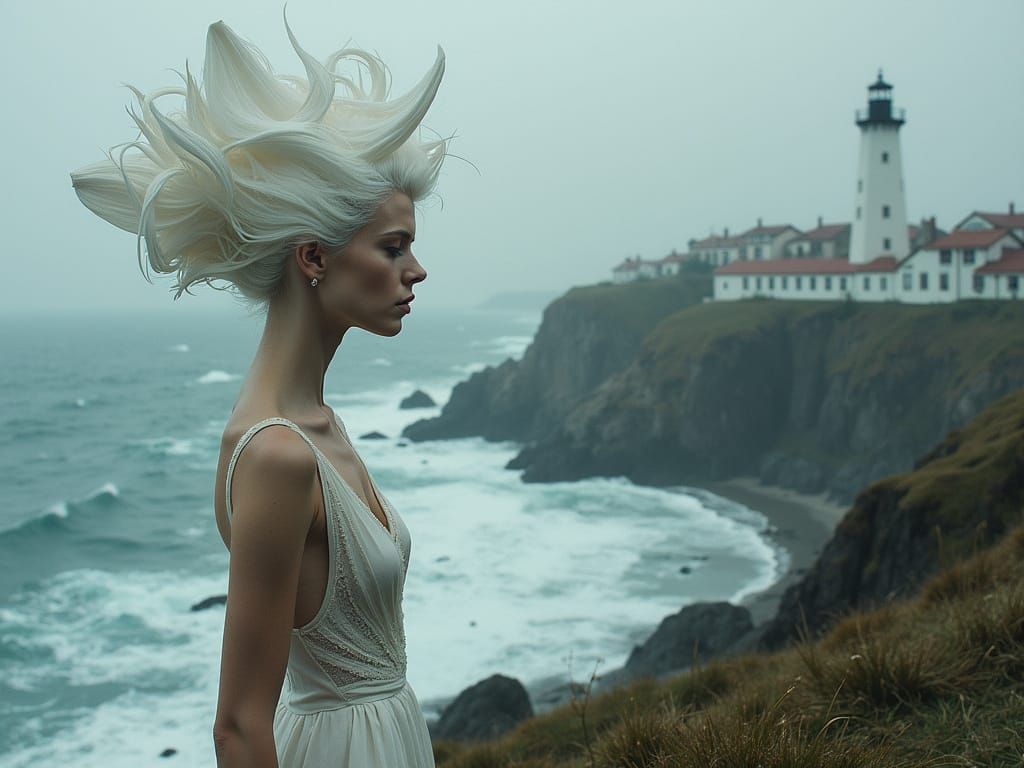 Elegant Woman with Gravity-Defying Hair by the Sea