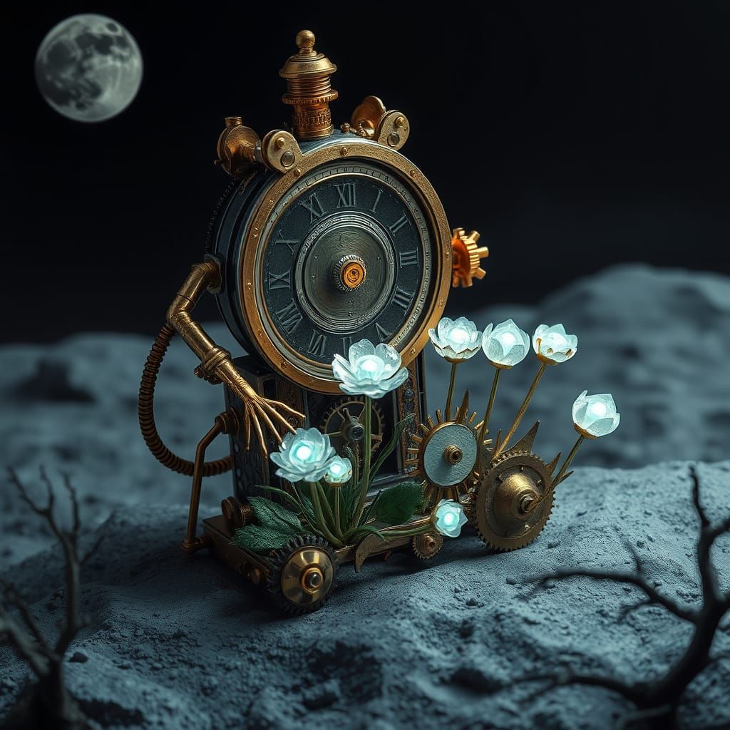 Steampunk Automaton Tends Crystal Garden on Moon