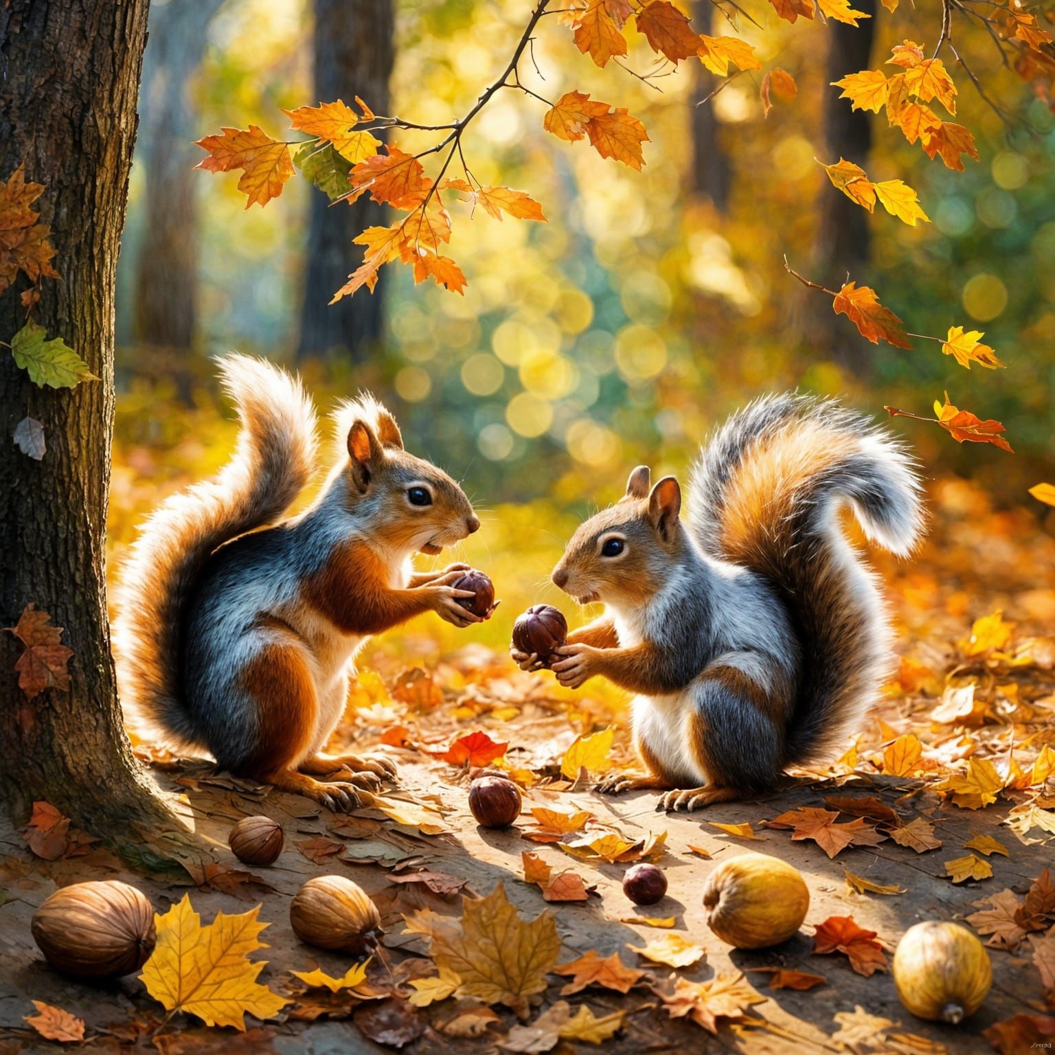 Squirrels Collecting Acorns in Autumn Forest
