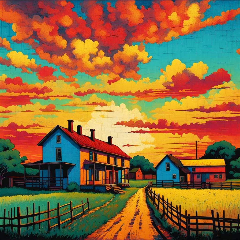 Surreal 1800s Rural Town Sunset in Pop Art Style