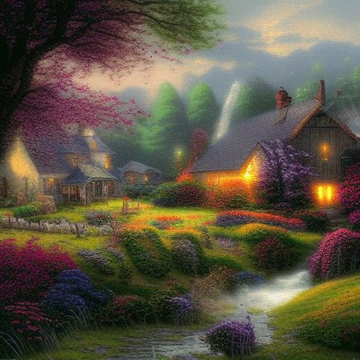 Ethereal Farmhouse in Kinkade-Inspired Fantasy Landscape