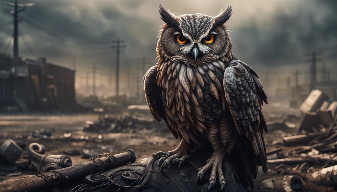 Sinister Owl God in Post-Apocalyptic Landscape