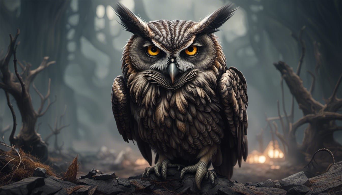 Sinister Owl God in Post-Apocalyptic Landscape