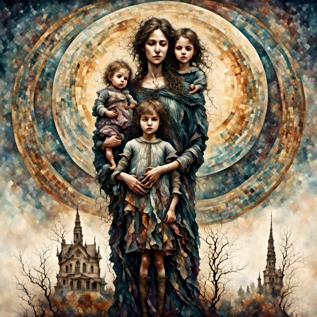 American Gothic Reimagined with Son in Tapestry Style