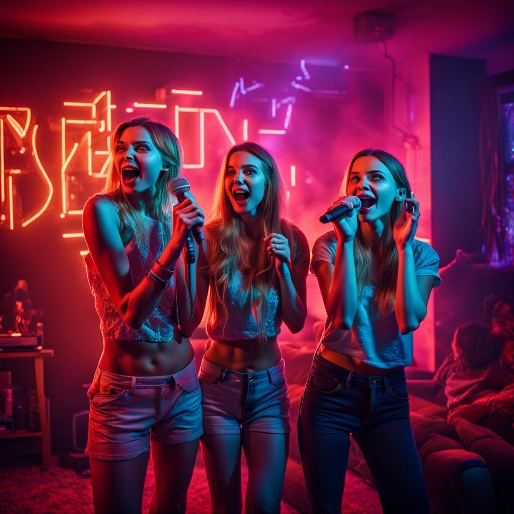 Karaoke Party with Neon Lights and Dancing