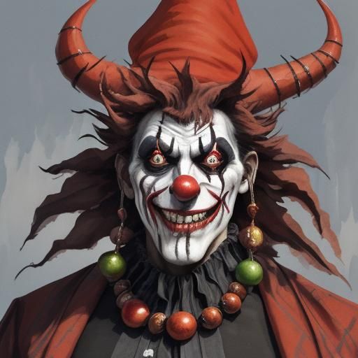 Creepy Jester with Burn Scars as Gouache Painting