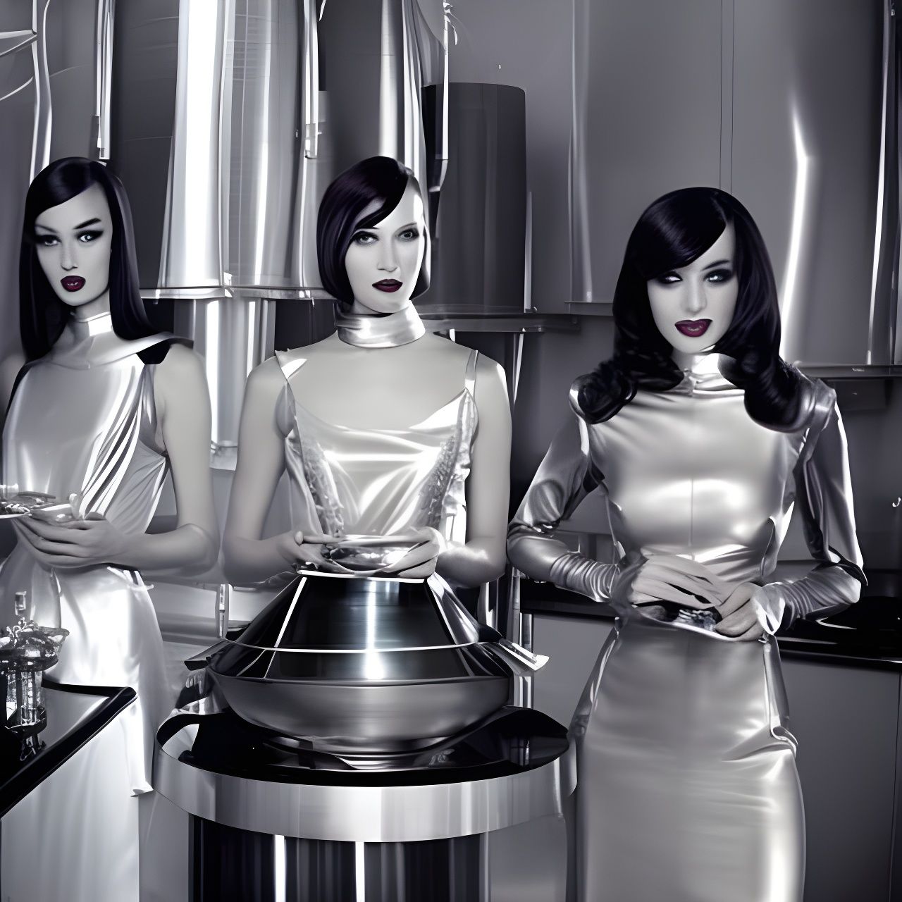 Retrofuturistic Androids Cooking: A Vintage Fantasy Photo