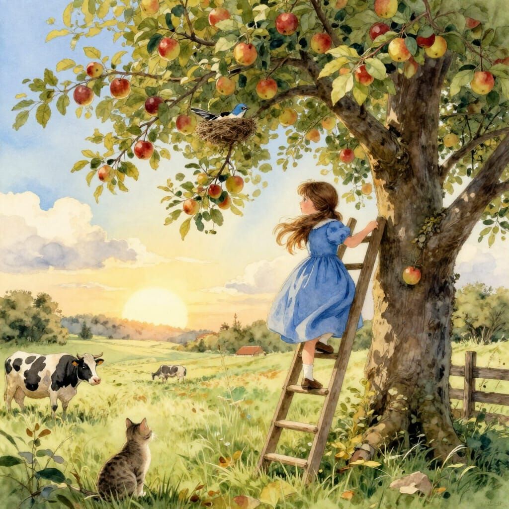 Girl Climbing Apple Tree at Sunrise, Beatrix Potter Style