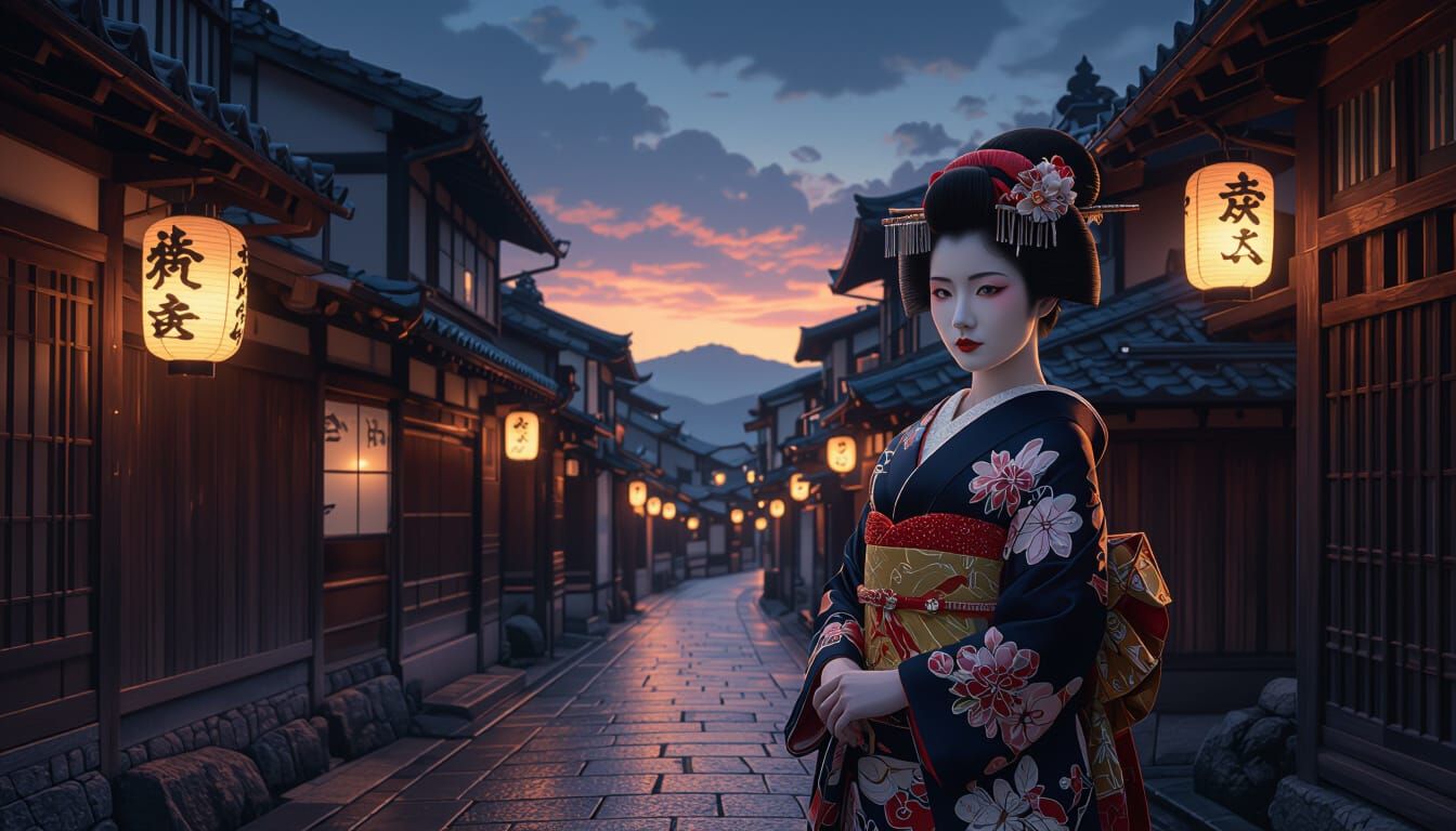 Photorealistic Geisha in Twilight Kyoto Gion
