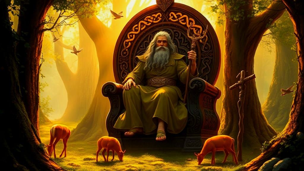 Dagda on Ornate Throne in Mystical Forest