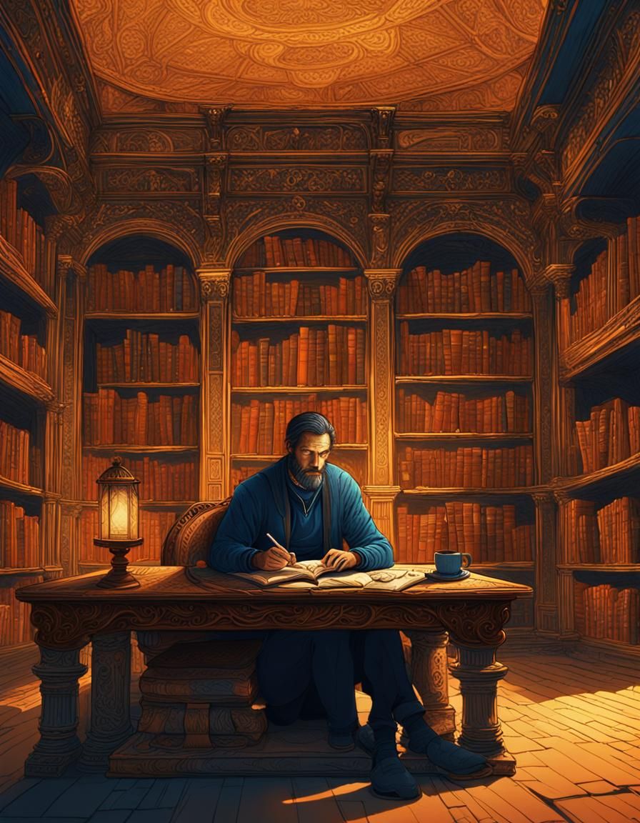 Mystical Library: Man Contemplates Art in Fantasy Setting