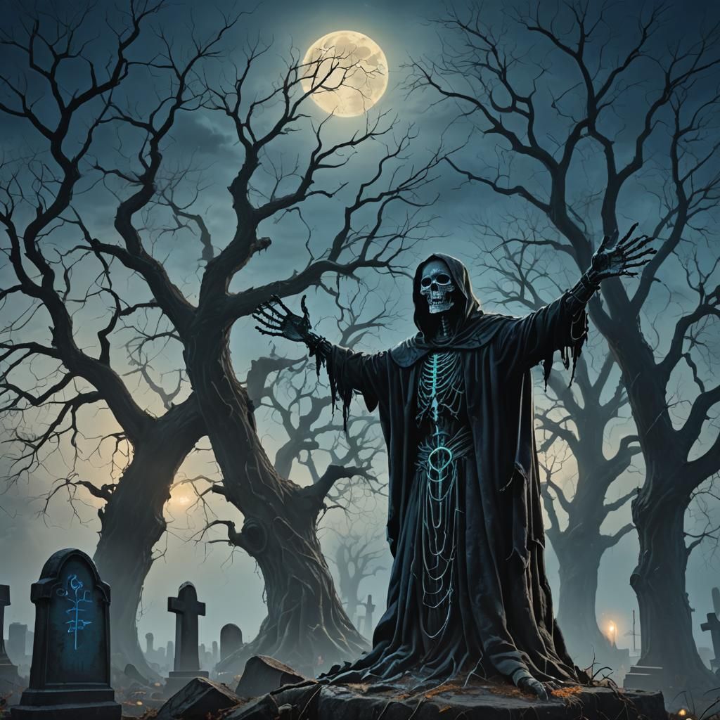 Ethereal Necromancer in Cemetery: Dark Fantasy Painting