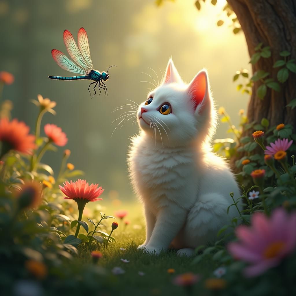 White Cat in Enchanted Garden Sees Dragonfly
