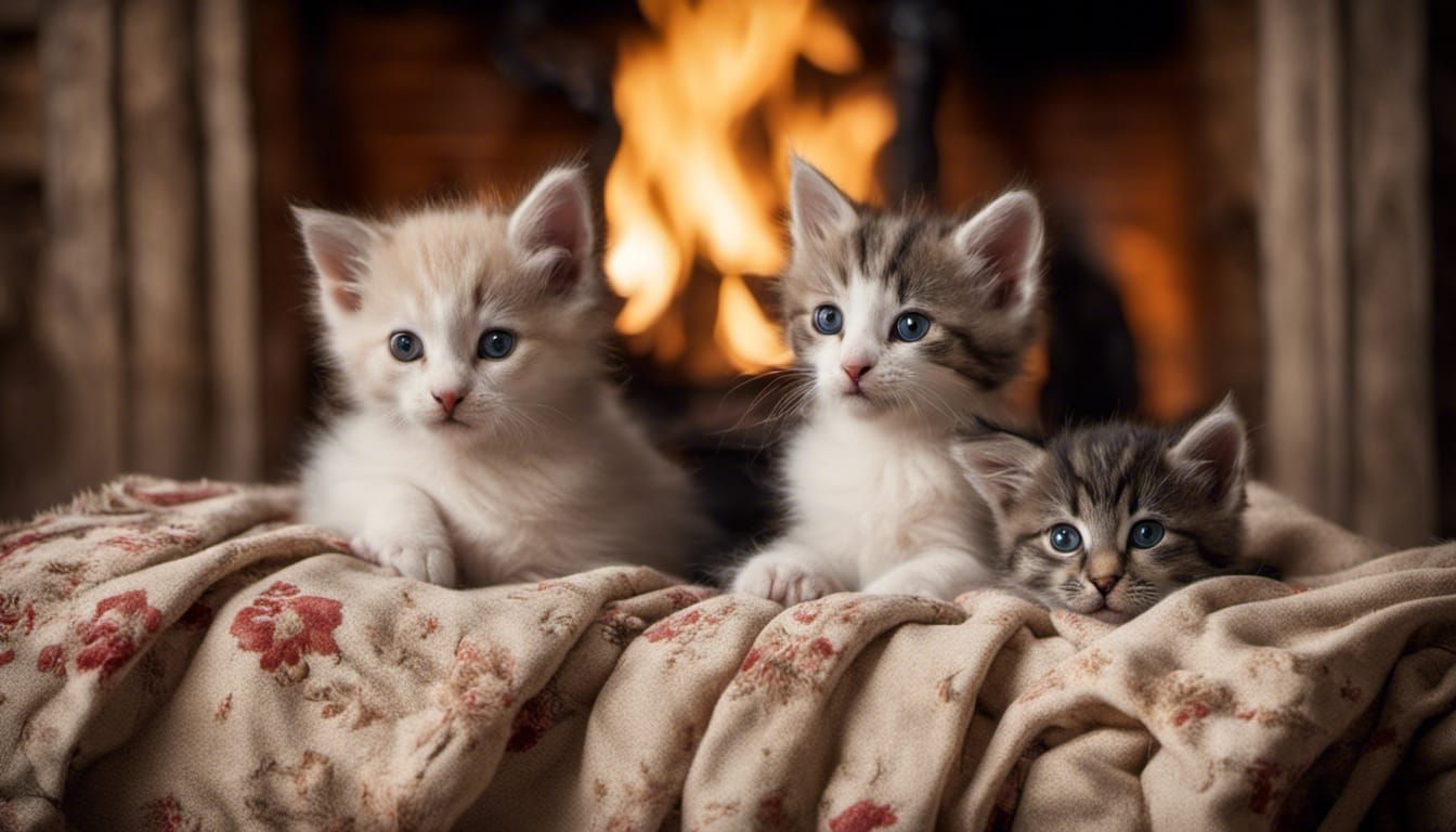 kittens on a bed by a fireplace