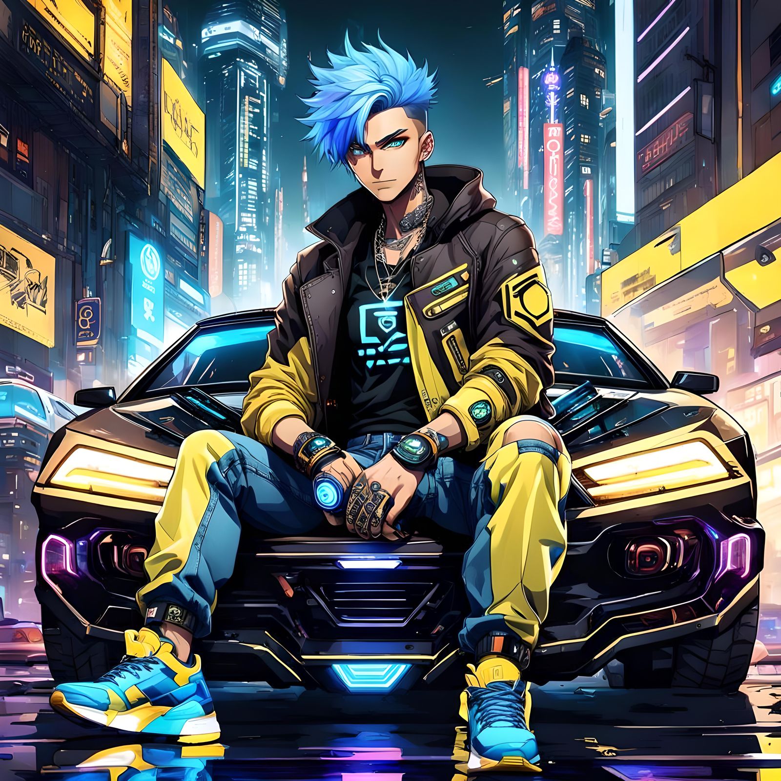 Anime Boy in Cyberpunk City with Futuristic Car