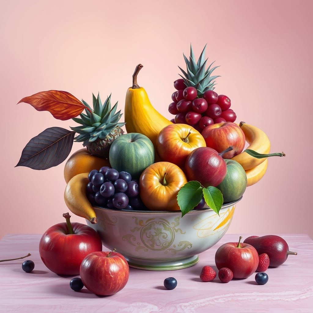A stunning conceptual watercolour painting of a bowl of fruit, photo, conceptual art