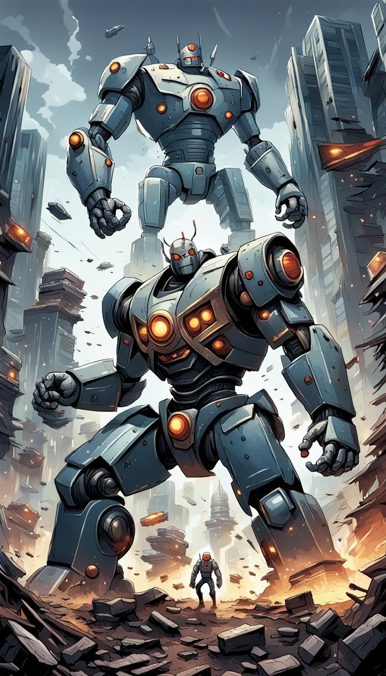 One-Armed Robot Battles Monsters: Comic Book Art