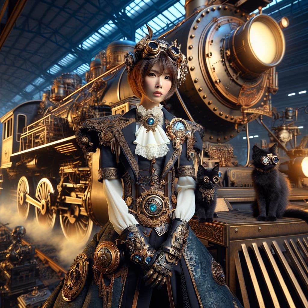 Steampunk Woman with Kitten Before Massive Train