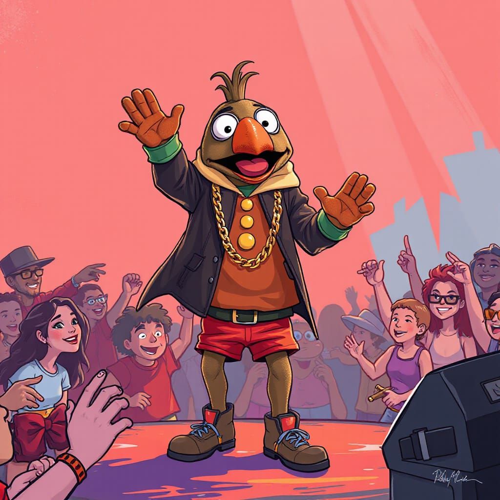 Rapping Robin Muppet on Stage, Stylized Illustration