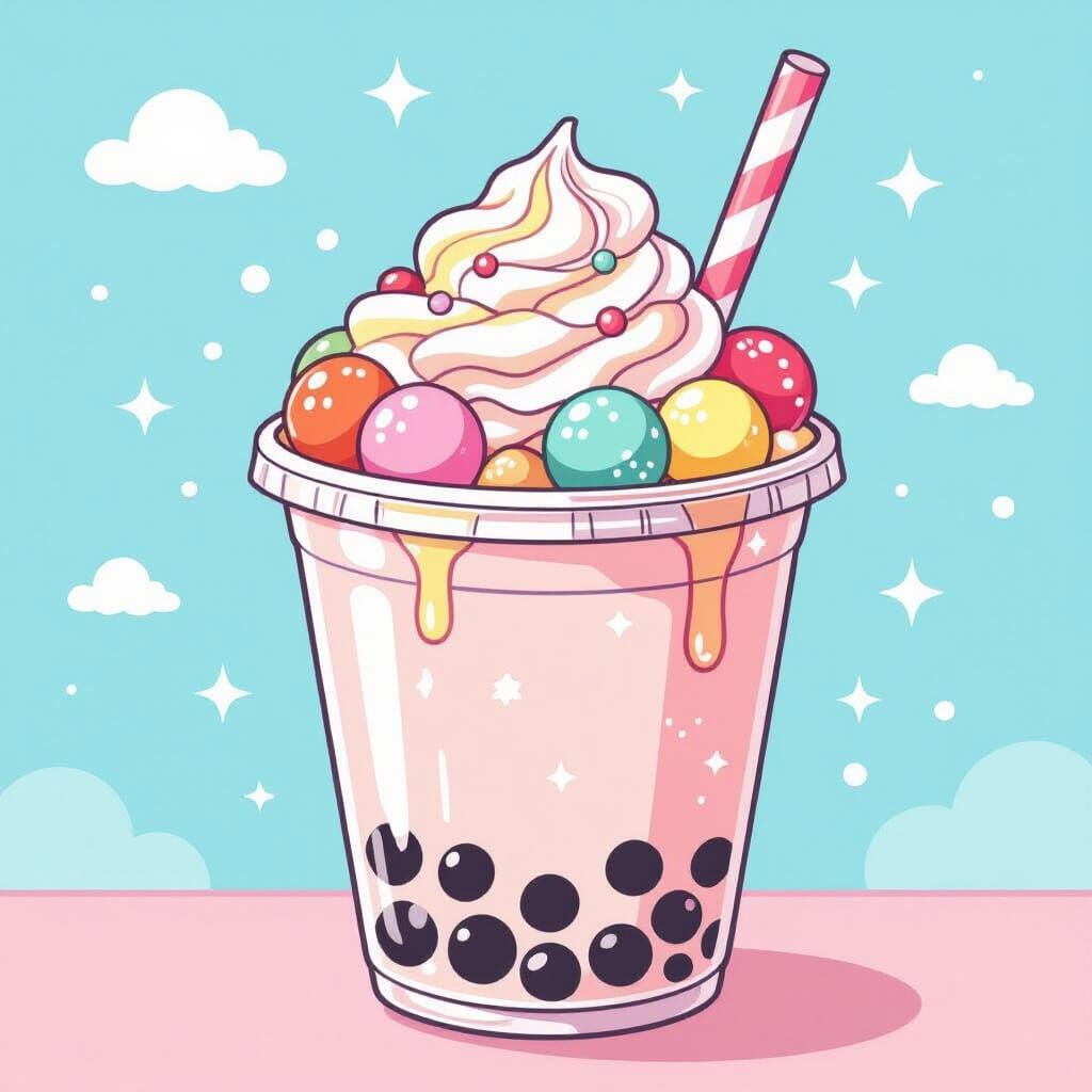 Kawaii Cartoon Bubble Tea with Whimsical Details