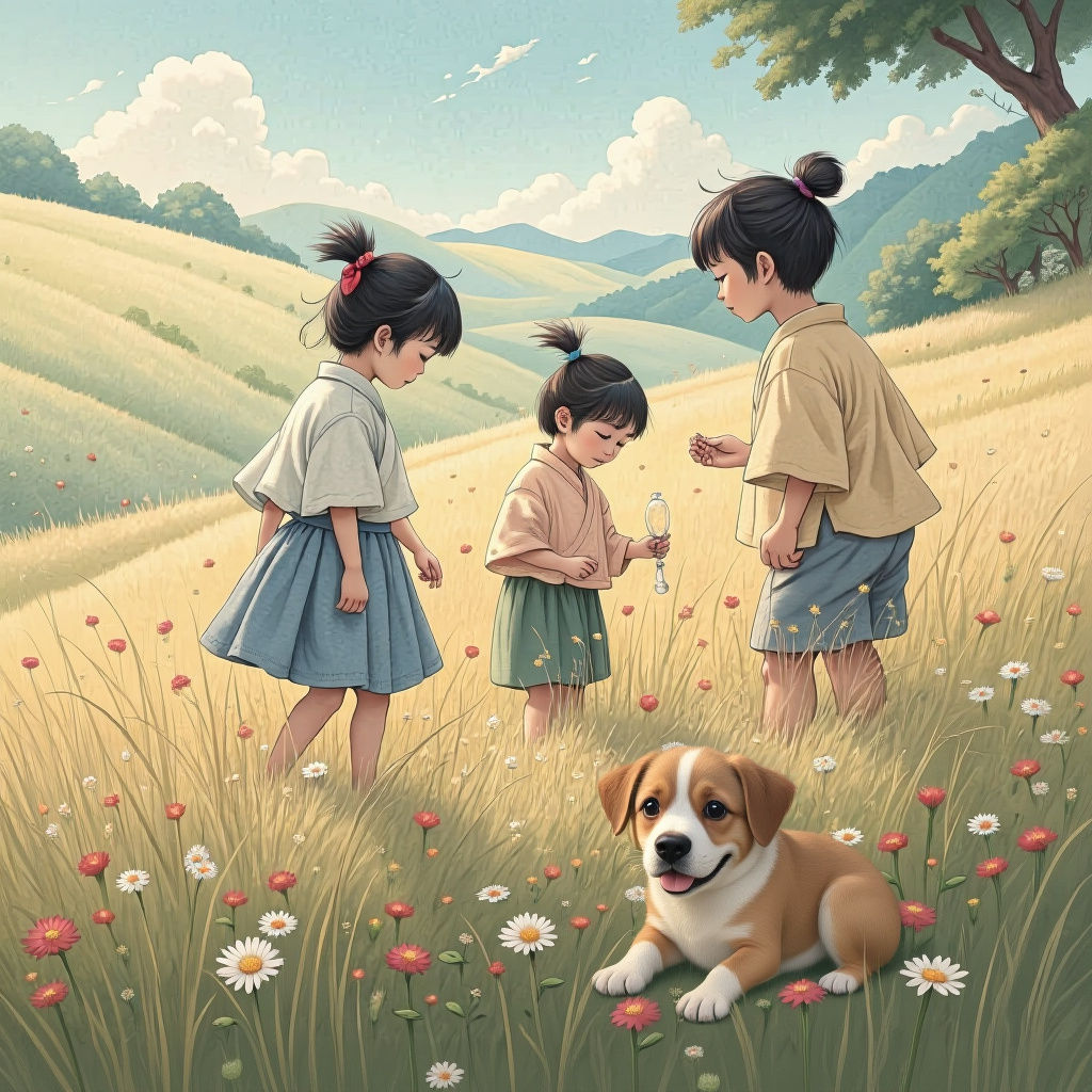 Children Play in a Serene Japanese Field